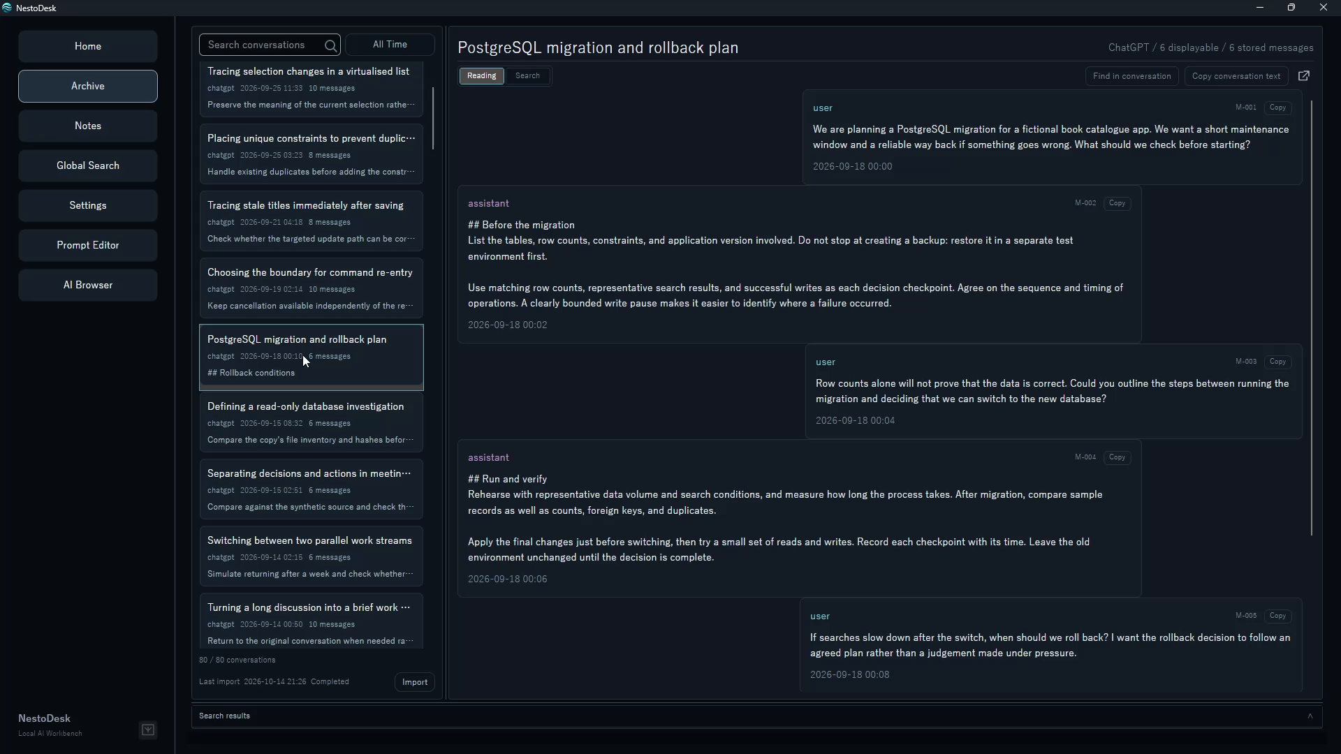 NestoDesk Archive showing a conversation list, message content, and in-conversation search
