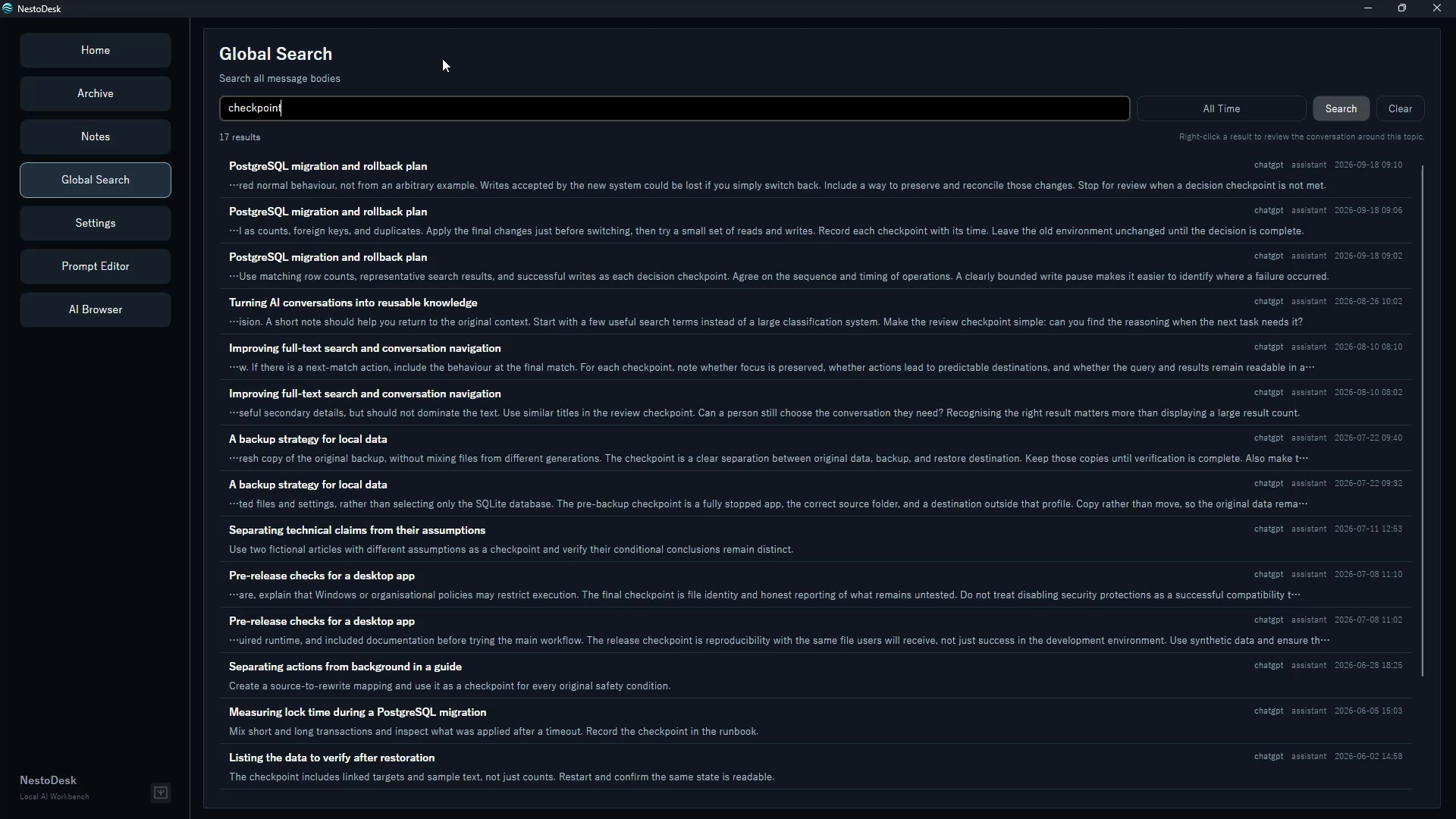 NestoDesk Global Search interface: Search across conversations to find an earlier answer.