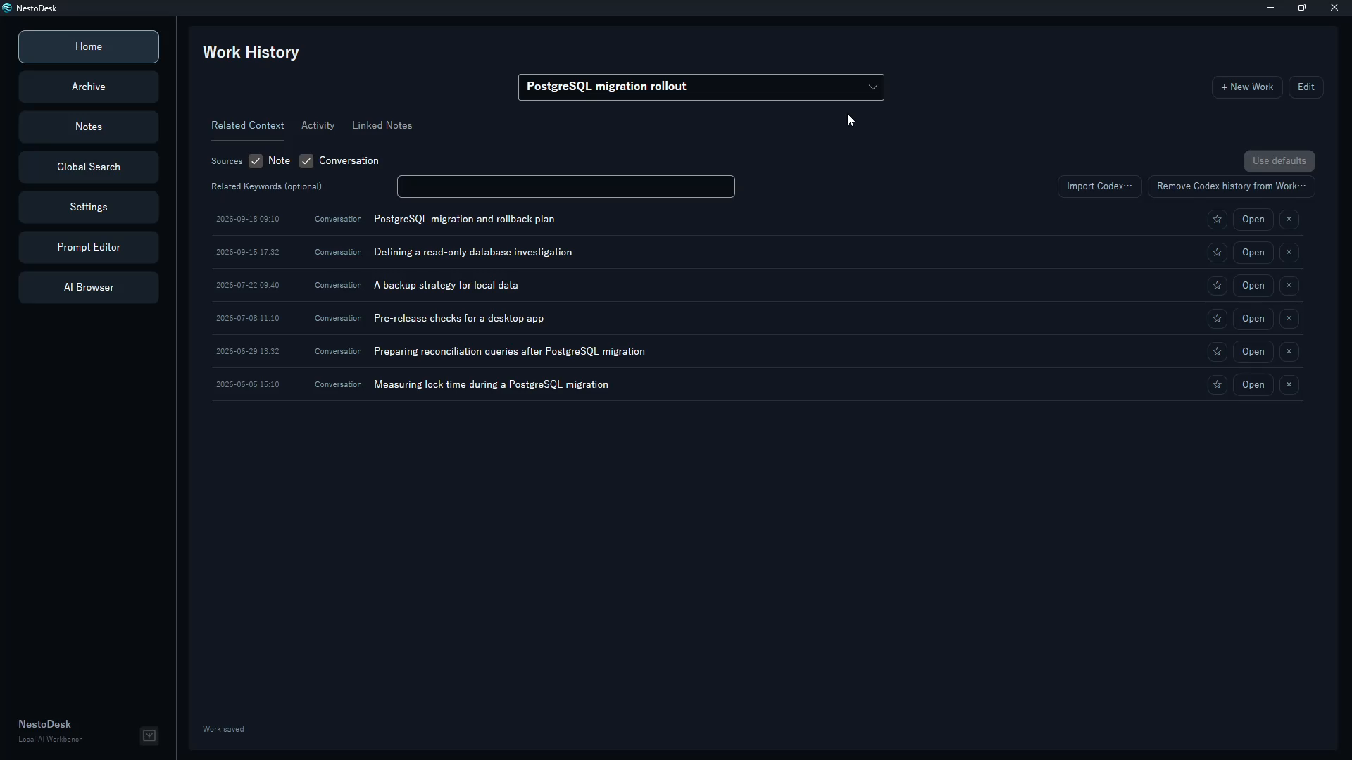 NestoDesk Work History interface: Review conversations and supported Codex history in the context of your work.